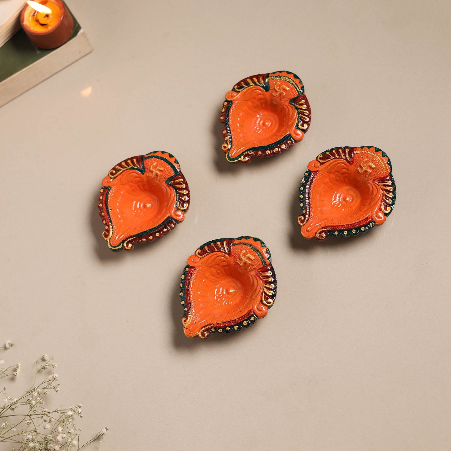 Festive handpainted clay diya (set of 4) 10 - handcrafted