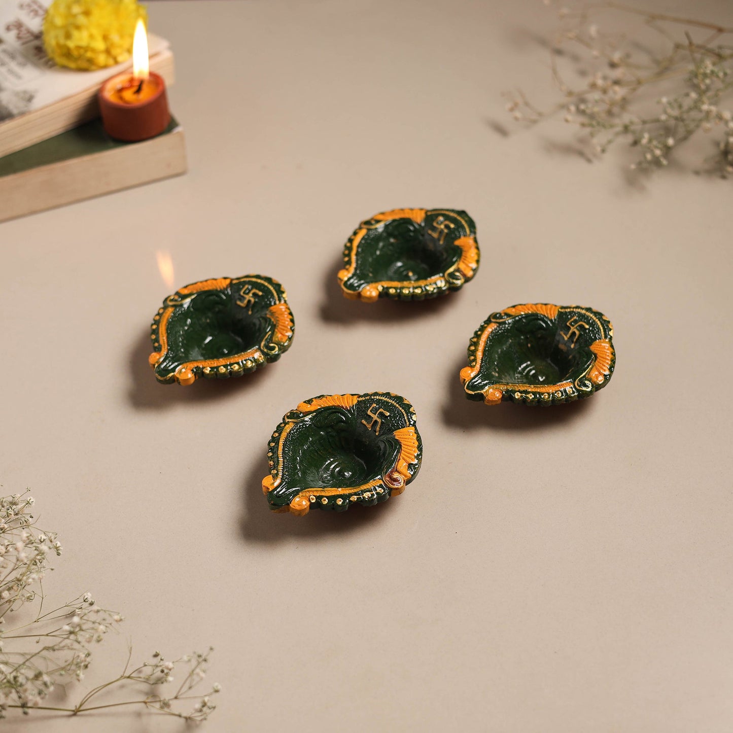 Festive handpainted clay diya (set of 4) 11 - handcrafted