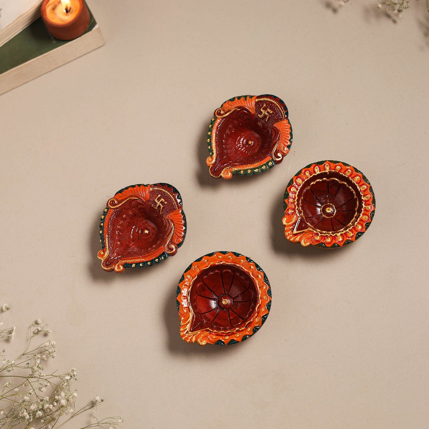 Festive handpainted clay diya (set of 4) 14 - handcrafted