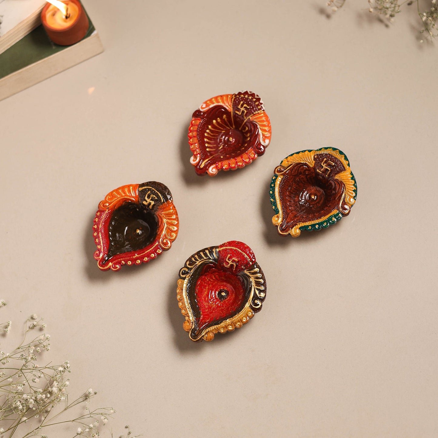 Festive handpainted clay diya (set of 4) 15 - handcrafted