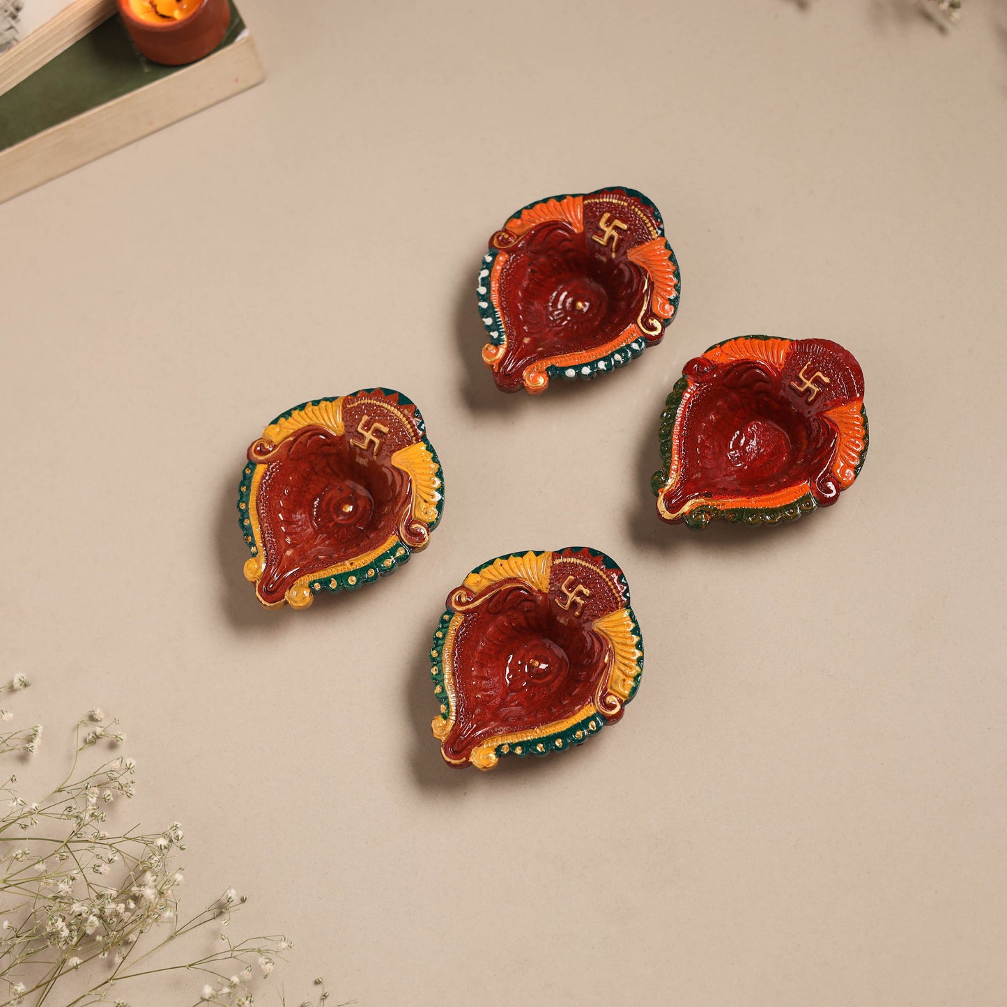 Festive handpainted clay diya (set of 4) 18 - handcrafted