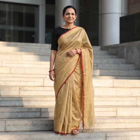 Yellow Fine Tissue Zari Bengal Saree with Embroidered Blouse, draped and worn by a woman, AI visual of the saree, iTokri