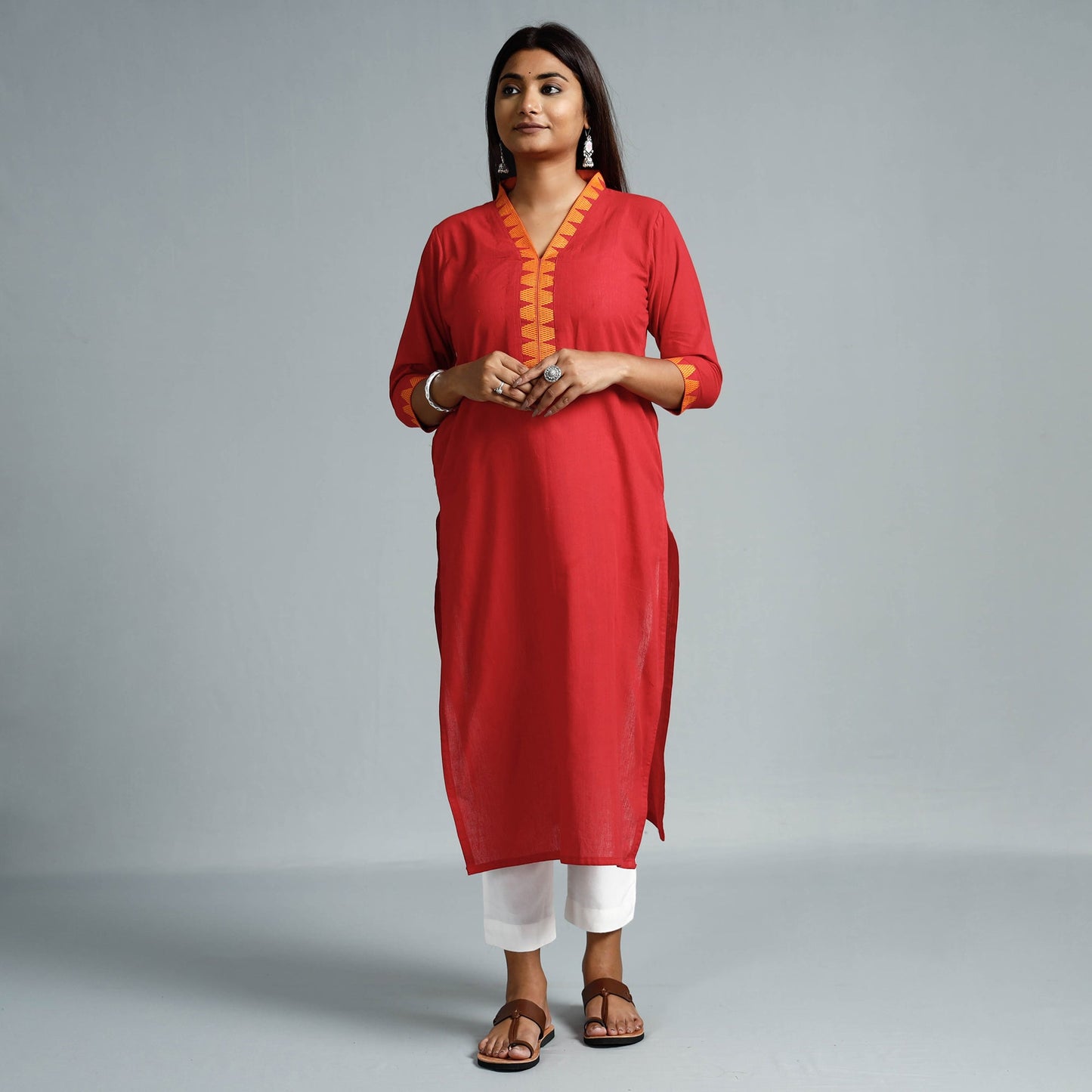Fire brick red - dharwad cotton long straight kurta