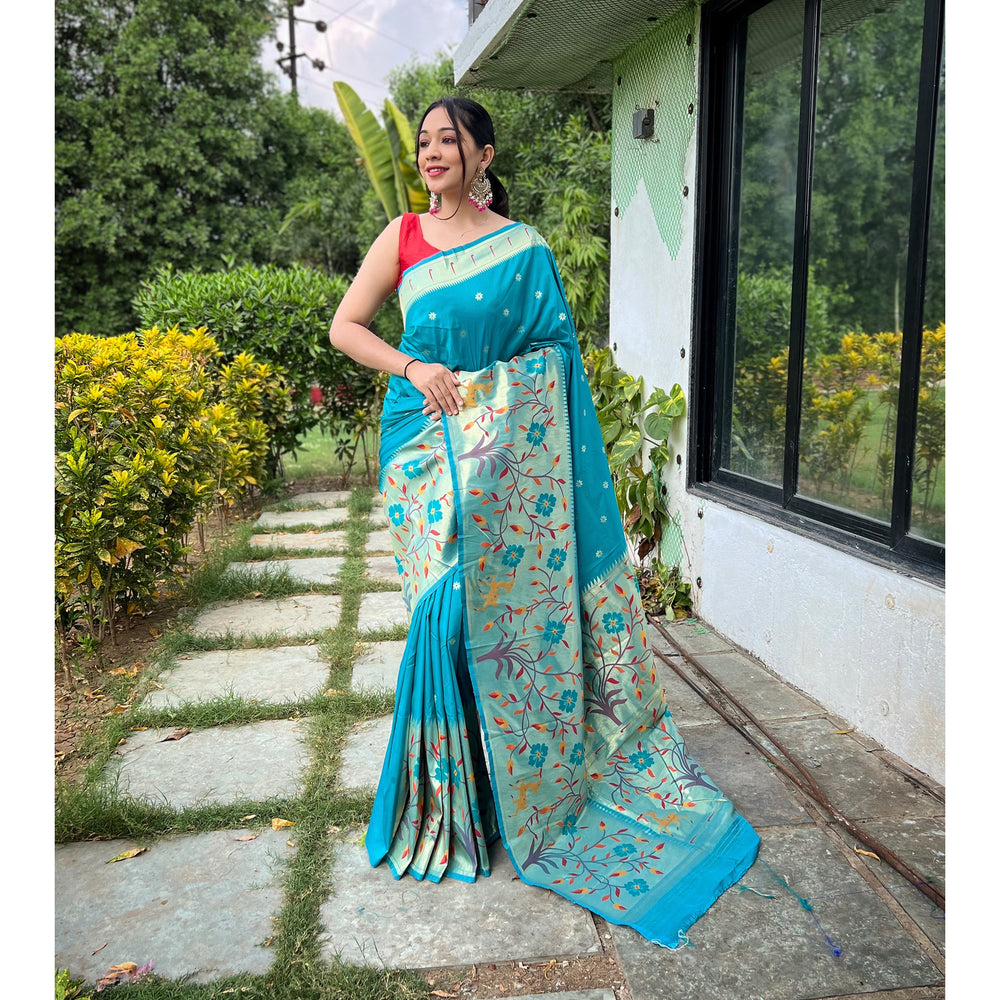 Blue - Gayatri Firozi Paithani Silk Handwork Saree