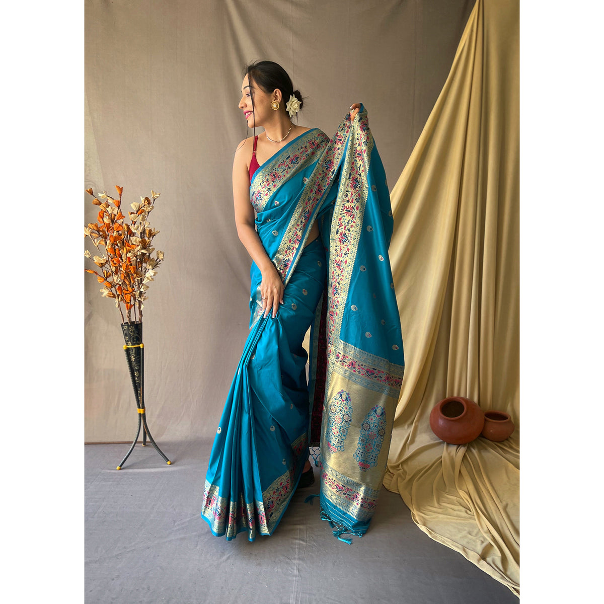 Blue - Paithani Firozi Paithani Silk Handwork Saree