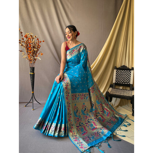 Blue - Paithani Firozi Paithani Silk Handwork Saree