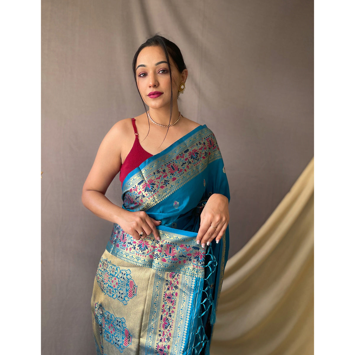 Blue - Paithani Firozi Paithani Silk Handwork Saree