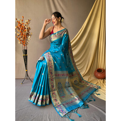 Blue - Paithani Firozi Paithani Silk Handwork Saree