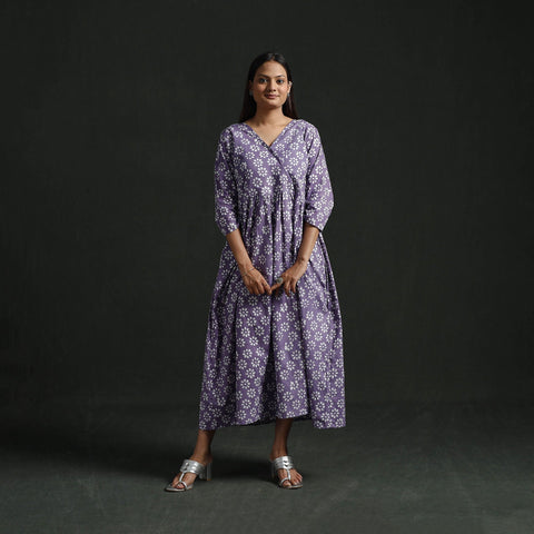 Flared angrakha cotton hand block batik print dress 07