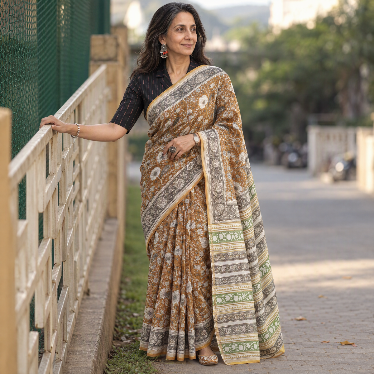 Yellow floral hand block print mulberry silk Sanganeri saree, draped and worn by a woman, by artisan Prem Dosaya, AI visual of the saree, iTokri