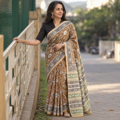 Yellow floral hand block print mulberry silk Sanganeri saree, draped and worn by a woman, by artisan Prem Dosaya, AI visual of the saree, iTokri