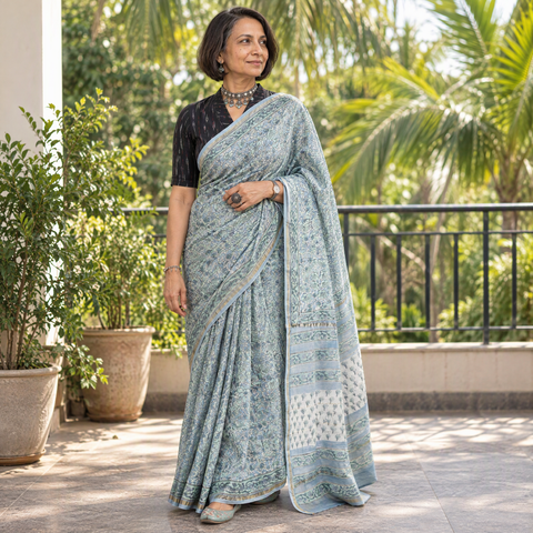 Blue floral hand block print mulberry silk Sanganeri saree, draped and worn by a woman, by artisan Prem Dosaya, AI visual of the saree, iTokri