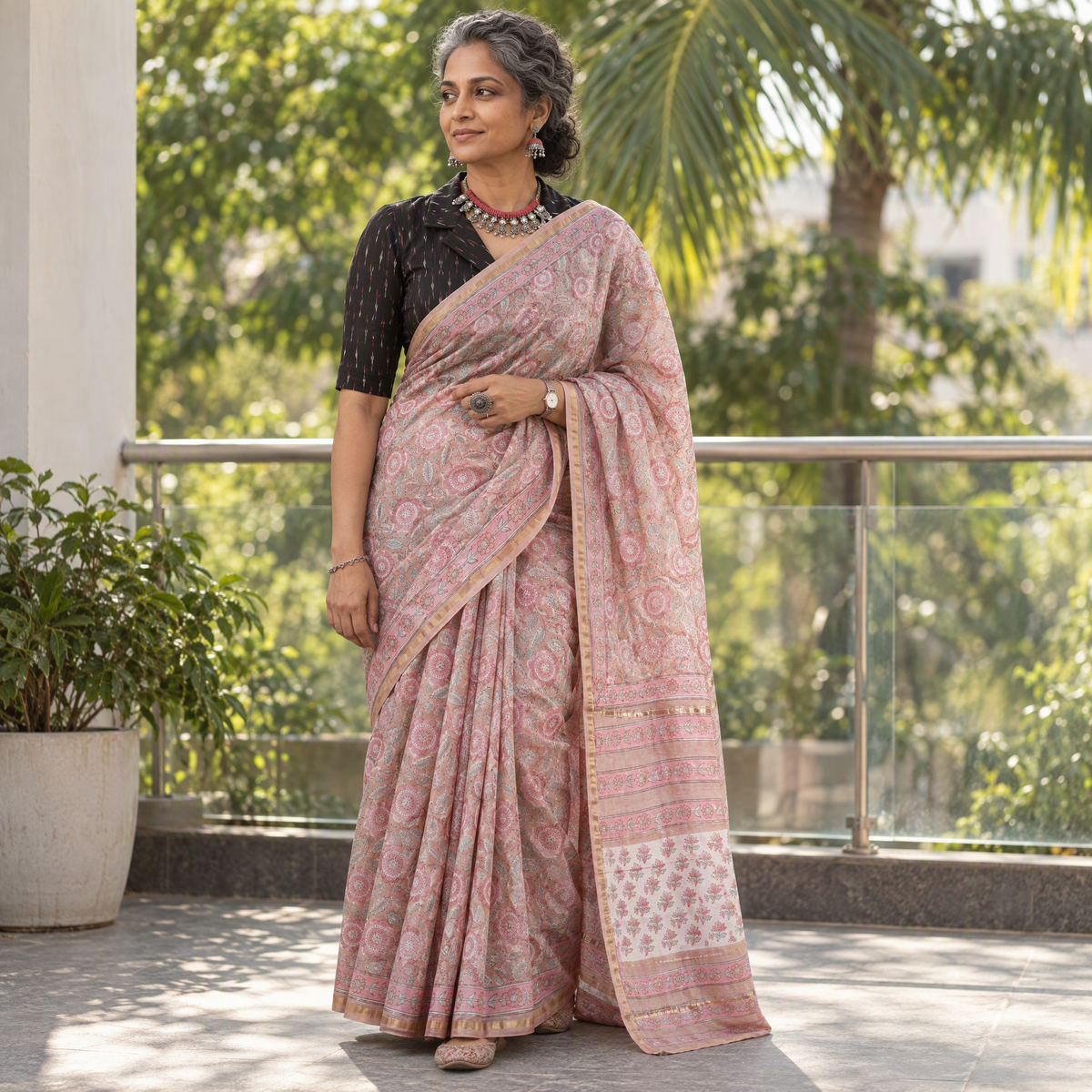 Pink floral hand block print mulberry silk Sanganeri saree, draped and worn by a woman, by artisan Prem Dosaya, AI visual of the saree, iTokri