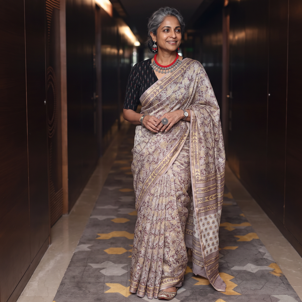 Beige floral hand block print mulberry silk Sanganeri saree, draped and worn by a woman, by artisan Prem Dosaya, AI visual of the saree, iTokri
