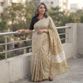 Yellow floral hand block print mulberry silk Sanganeri saree, draped and worn by a woman, by artisan Prem Dosaya, AI visual of the saree, iTokri