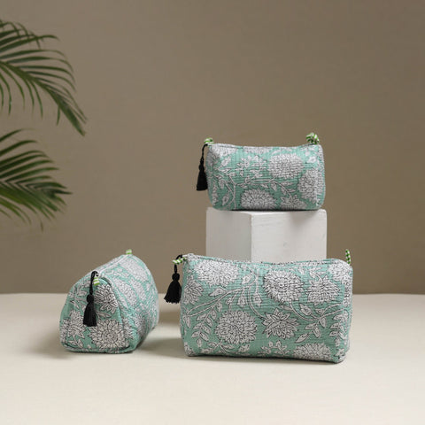 Floral hand block print quilted toiletry bags (set of 3) 01