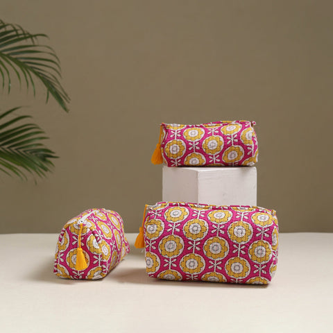 Floral hand block print quilted toiletry bags (set of 3) 06