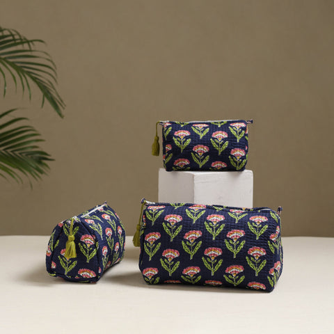 Floral hand block print quilted toiletry bags (set of 3) 07