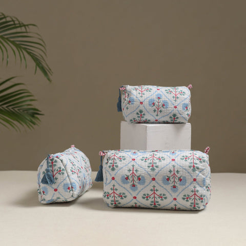 Floral hand block print quilted toiletry bags (set of 3) 10