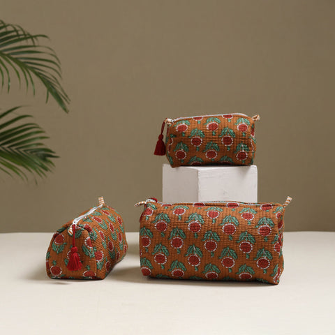 Floral hand block print quilted toiletry bags (set of 3) 11
