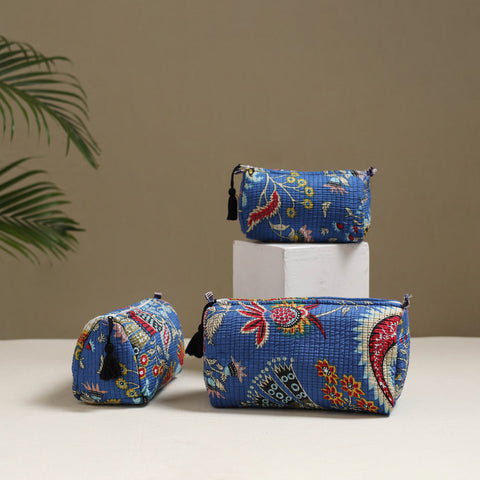Floral hand block print quilted toiletry bags (set of 3) 12