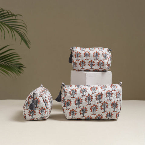 Floral hand block print quilted toiletry bags (set of 3) 14