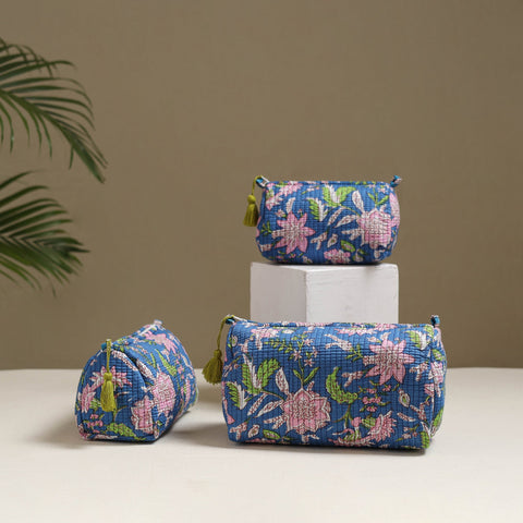 Floral hand block print quilted toiletry bags (set of 3) 15