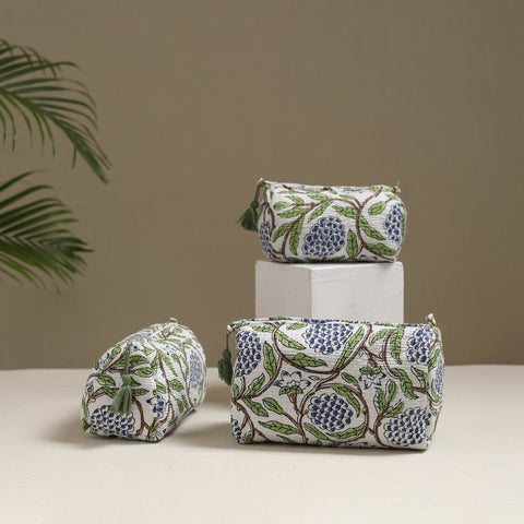 Floral hand block print quilted toiletry bags (set of 3) 16