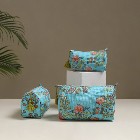 Floral hand block print quilted toiletry bags (set of 3) 18