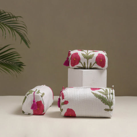 Floral hand block print quilted toiletry bags (set of 3) 22
