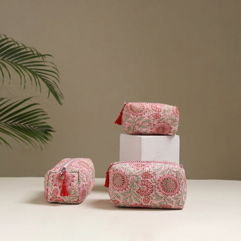 Floral hand block print quilted toiletry bags (set of 3) 30