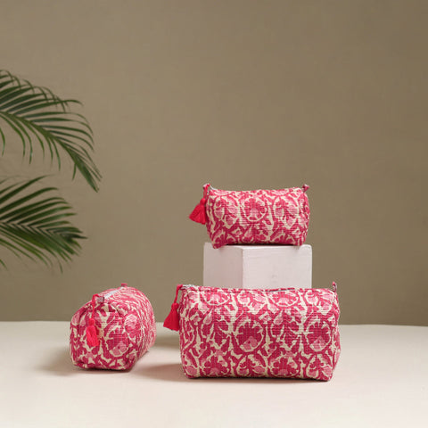 Floral hand block print quilted toiletry bags (set of 3) 31
