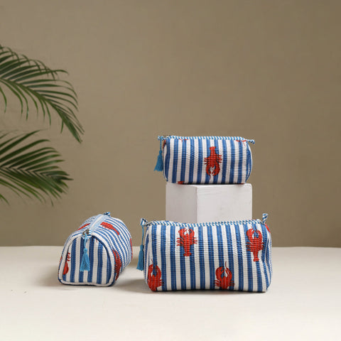 Floral hand block print quilted toiletry bags (set of 3) 32