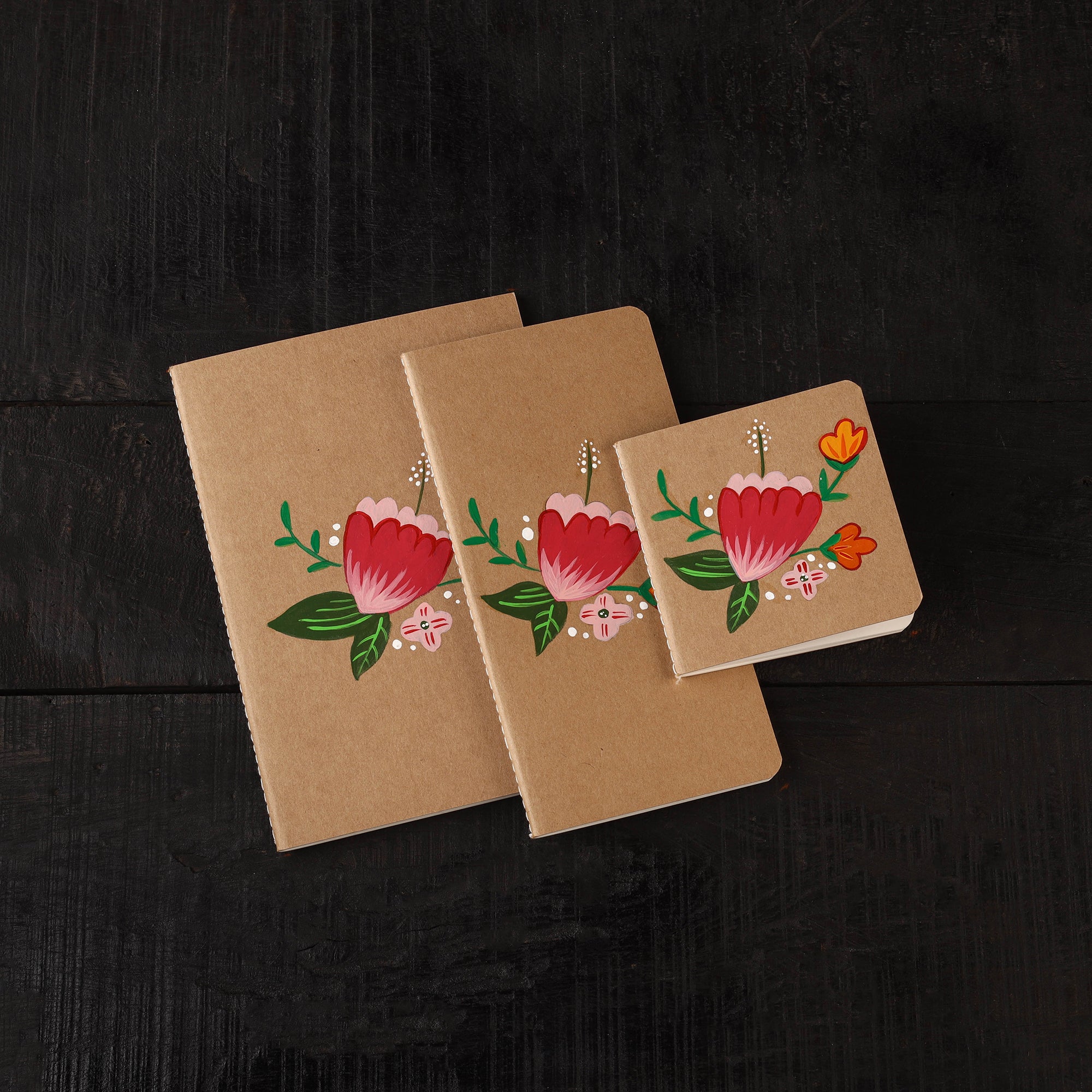 Floral Handpainted Handmade Paper Diaries (Set of 3)