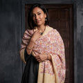 Cream Floral Sanganeri Print Pure Merino Wool Handwoven Shawl, worn by a model, AI visual of the shawl, iTokri