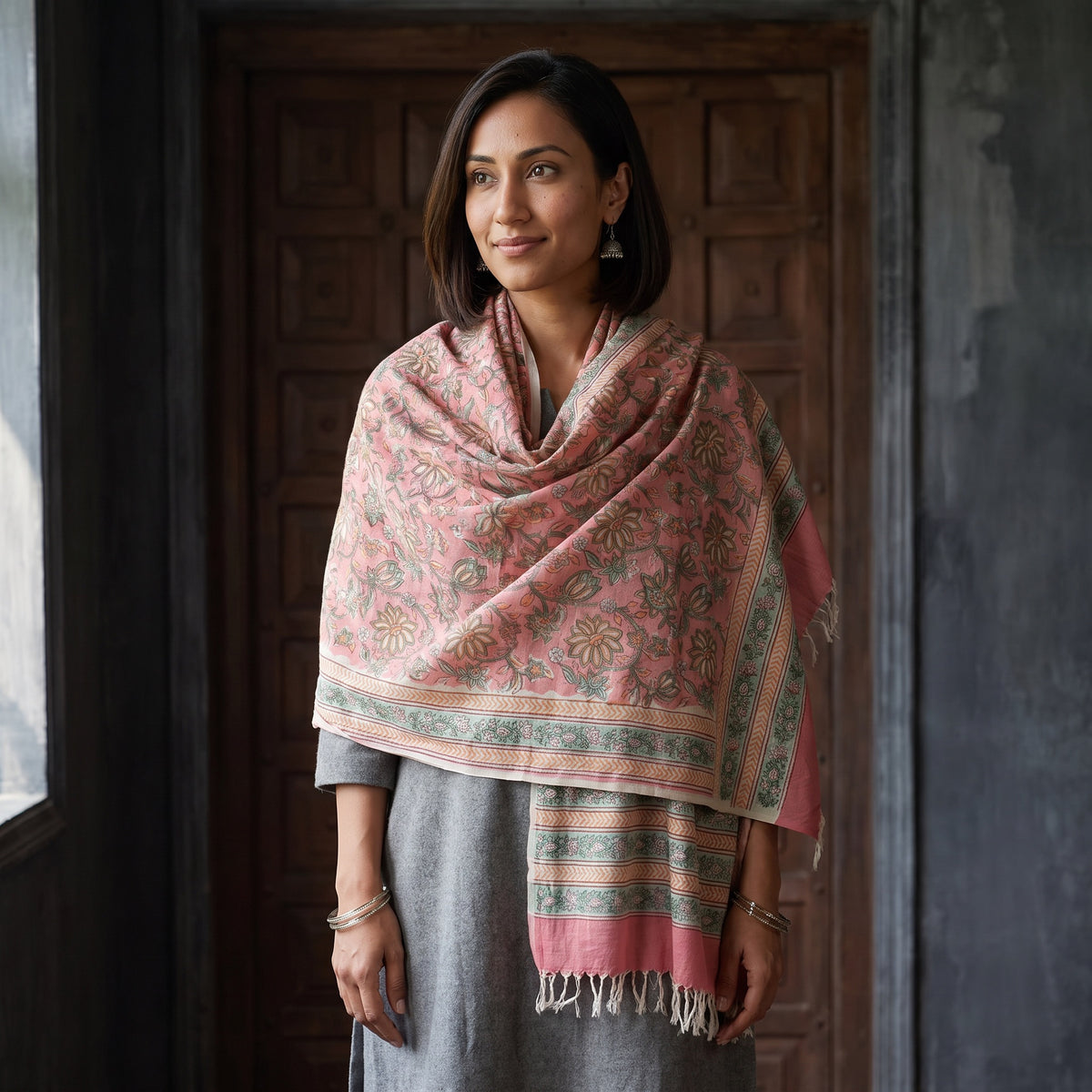 Pink Floral Sanganeri Print Pure Merino Wool Handwoven Shawl, worn by a model, AI visual of the shawl, iTokri