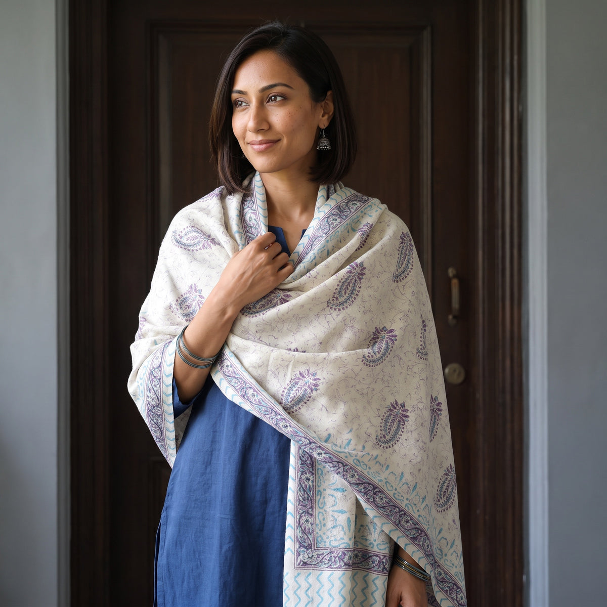 Off White Floral Sanganeri Print Pure Merino Wool Handwoven Shawl, worn by a model, AI visual of the shawl, iTokri