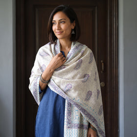Off White Floral Sanganeri Print Pure Merino Wool Handwoven Shawl, worn by a model, AI visual of the shawl, iTokri
