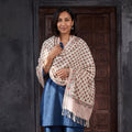 Off White Floral Sanganeri Print Pure Merino Wool Handwoven Shawl, worn by a model, AI visual of the shawl, iTokri