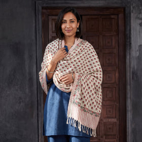 Off White Floral Sanganeri Print Pure Merino Wool Handwoven Shawl, worn by a model, AI visual of the shawl, iTokri