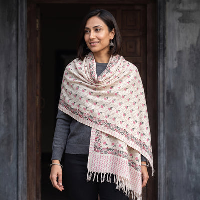 Off White Floral Sanganeri Print Pure Merino Wool Handwoven Shawl, worn by a model, AI visual of the shawl, iTokri