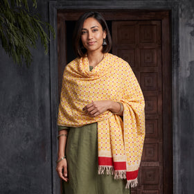 Yellow Floral Sanganeri Print Pure Merino Wool Handwoven Shawl, worn by a model, AI visual of the shawl, iTokri