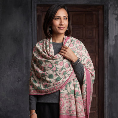 Off White Floral Sanganeri Print Pure Merino Wool Handwoven Shawl, worn by a model, AI visual of the shawl, iTokri