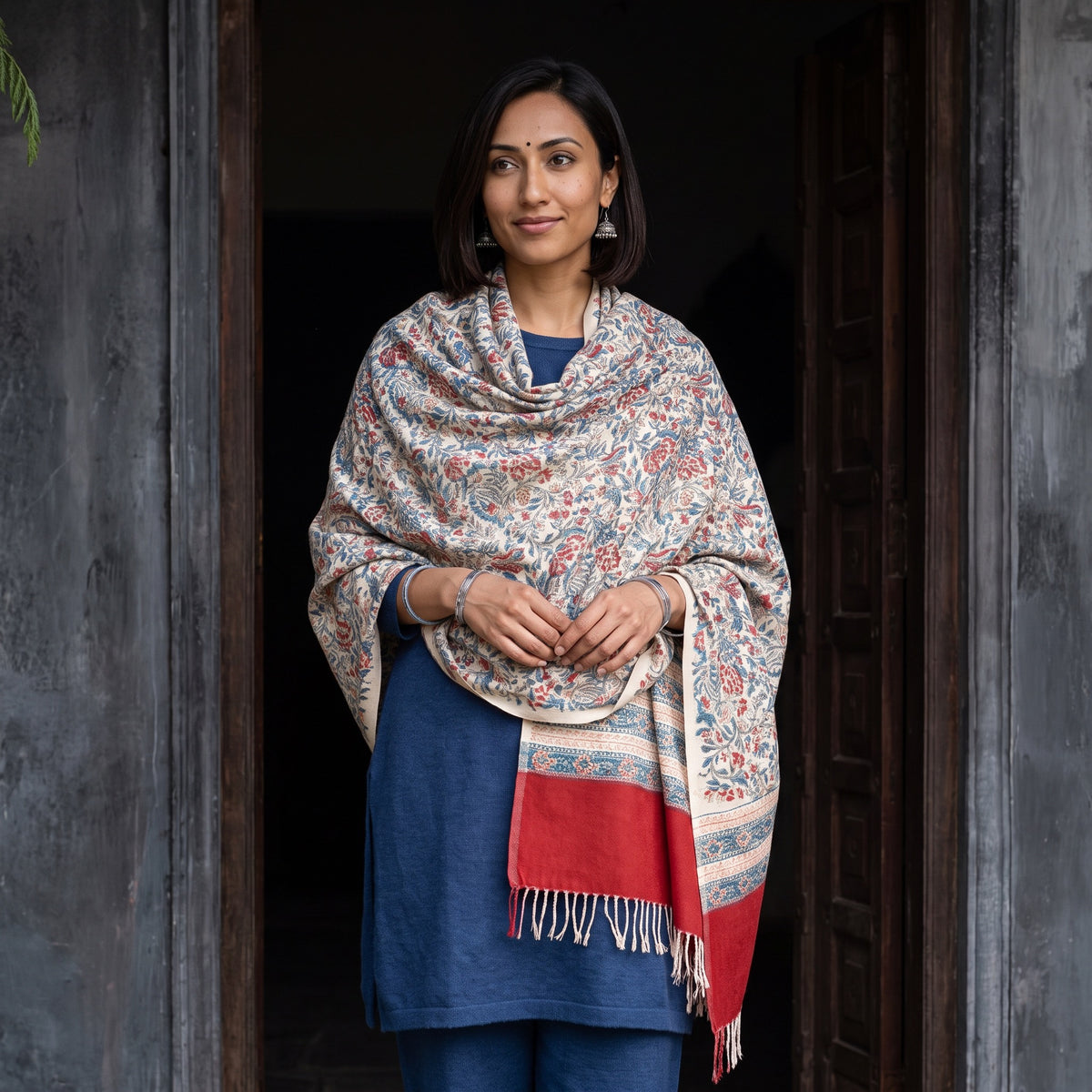 White Floral Sanganeri Print Pure Merino Wool Handwoven Shawl, worn by a model, AI visual of the shawl, iTokri