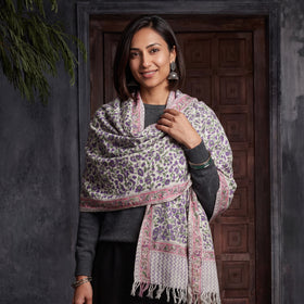 Grey Floral Sanganeri Print Pure Merino Wool Handwoven Shawl, worn by a model, AI visual of the shawl, iTokri