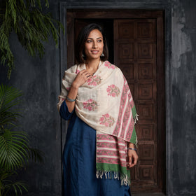 Off White Floral Sanganeri Print Pure Merino Wool Handwoven Shawl, worn by a model, AI visual of the shawl, iTokri