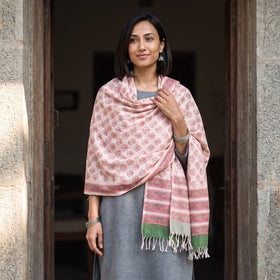 Pink Floral Sanganeri Print Pure Merino Wool Handwoven Shawl, worn by a model, AI visual of the shawl, iTokri