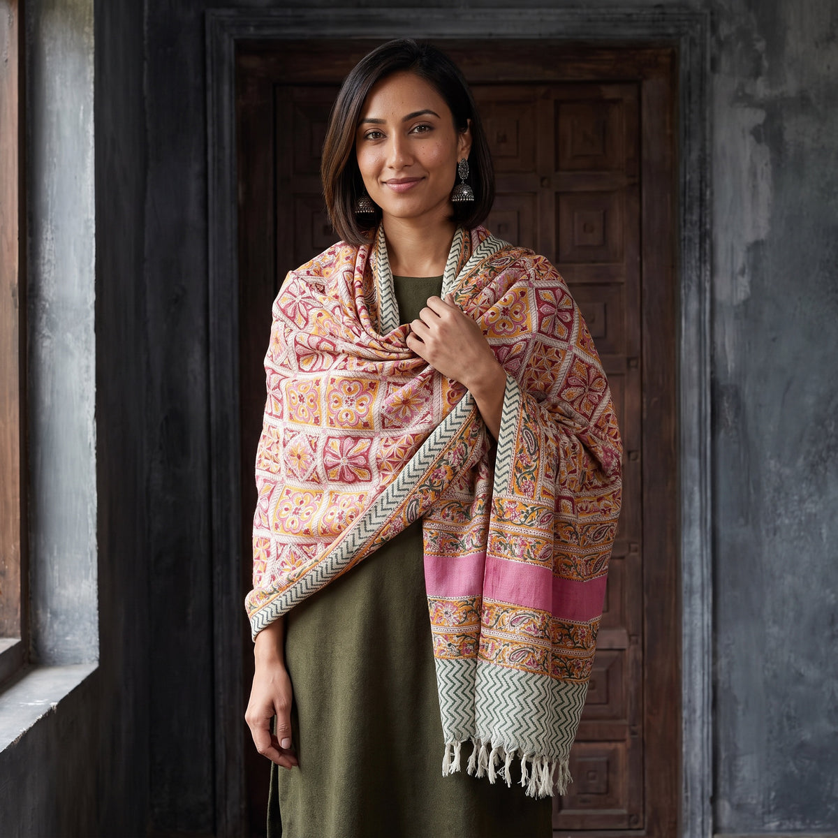 Pink Floral Sanganeri Print Pure Merino Wool Handwoven Shawl, worn by a model, AI visual of the shawl, iTokri