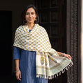 Green Floral Sanganeri Print Pure Merino Wool Handwoven Shawl, worn by a model, AI visual of the shawl, iTokri