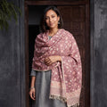 Mauve Floral Sanganeri Print Pure Merino Wool Handwoven Shawl, worn by a model, AI visual of the shawl, iTokri